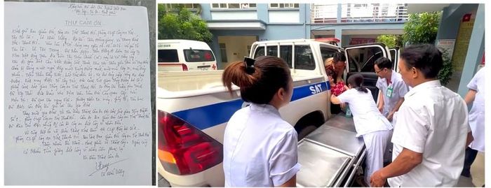 Bức thư cảm ơn (trái) của người nhà chị T gửi cho Công an tỉnh Thanh Hóa và hình ảnh chị T. được đưa đi cấp cứu. Ảnh: Bộ Công an.