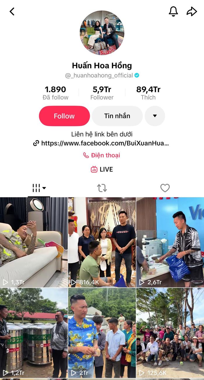 Tài khoản Tiktok của "Huấn Hoa Hồng" với gần 90 triệu lượt yêu thích.