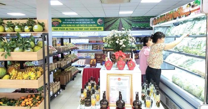 Những sản phẩm rau, củ, quả của HTX Dịch vụ nông nghiệp tổng hợp An Phát (xã Thanh Trì) được bày bán trong các cửa hàng, siêu thị, giúp nâng cao thu nhập cho thành viên. Ảnh: Hồng Phạm