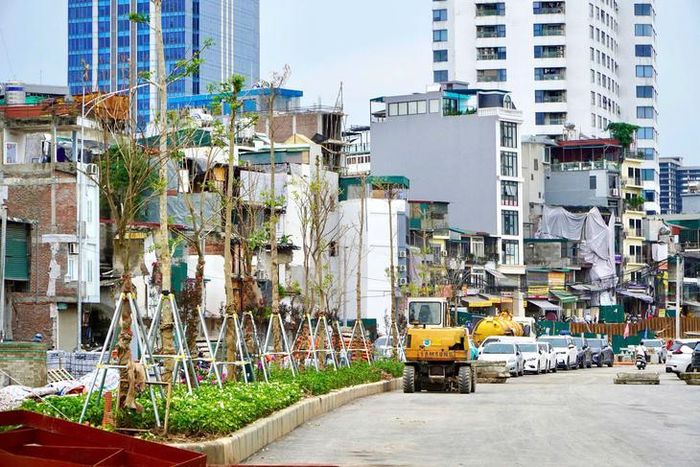 Bên cạnh thi công mặt đường, các hạng mục vỉa hè và cảnh quan cũng được gấp rút hoàn thiện. Dải phân cách từ đền Voi Phục đến dốc Bệnh viện Phụ sản Hà Nội đang được trồng, chăm sóc nhiều loại cây xanh và hoa.