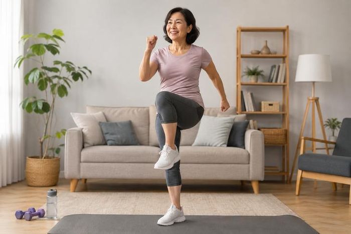 Đi bộ tại chỗ kết hợp nâng cao gối sẽ khiến nhịp tim tăng dần mà không tạo lực va đập mạnh lên khớp. Ảnh AI.