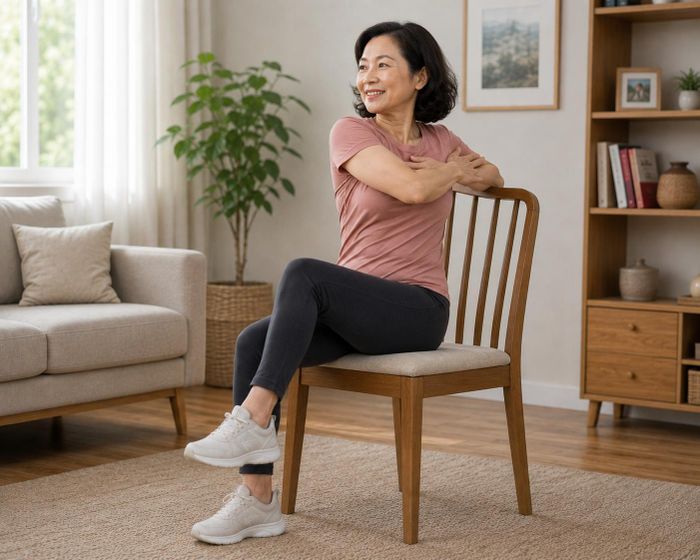 Xoay thân khi ngồi giúp tăng sự linh hoạt của cột sống, đồng thời kích thích nhóm cơ bụng chéo. Ảnh: AI.