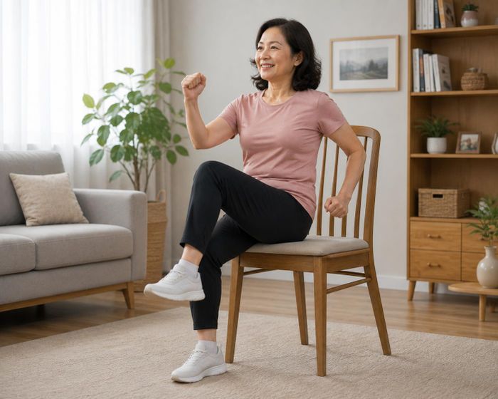 Bài tập ngồi đi bộ tại chỗ mô phỏng động tác đi bộ nhưng thực hiện khi ngồi, giúp tăng sức mạnh cơ bụng, cơ hông và cải thiện sự phối hợp vận động. Ảnh: AI.