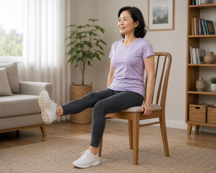 Động tác duỗi chân khi ngồi giúp tăng sức mạnh cơ tứ đầu đùi, hỗ trợ đứng lên, đi lại dễ dàng hơn. Ảnh: AI.