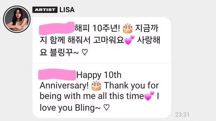 Tin nhắn chúc mừng của Lisa.
