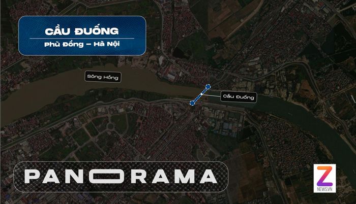  Cầu Đuống mới tại xã Phù Đổng (Hà Nội) nằm cách vị trí cầu cũ 100m về hướng hạ lưu sông Hồng. (Đồ hoạ: Việt Linh). 