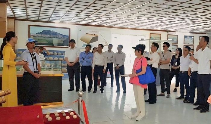 Du khách tham quan, tìm hiểu các hiện vật được trưng bày tại Nhà trưng bày bổ sung Thành nhà Hồ