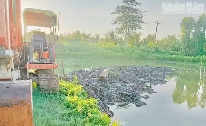 Nước xi-măng và nước bẩn gây ô nhiễm diện tích nuôi tôm của người dân, làm tôm thẻ nuôi bán công nghiệp chết. (Ảnh: TRỌNG DUY)