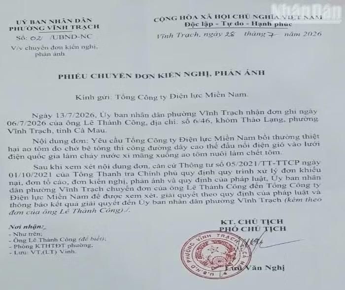 Văn bản của Ủy ban nhân dân phường Vĩnh Trạch gửi Tổng công ty Điện lực miền nam.