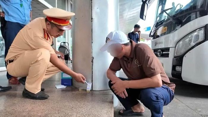 Cảnh sát giao thông thành phố Đà Nẵng thực hiện test nhanh ma túy các tài xế trước khi xuất bến ở Đà Nẵng. (Ảnh: Công an cung cấp)