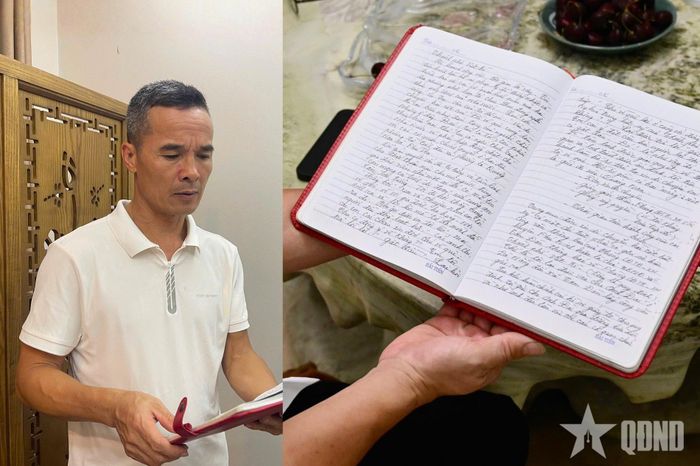 Anh Lê Văn Toàn bên cuốn sổ lưu lại những thông tin thu thập được trong hành trình tìm hài cốt liệt sĩ. Ảnh: NGUYỆT TRANG