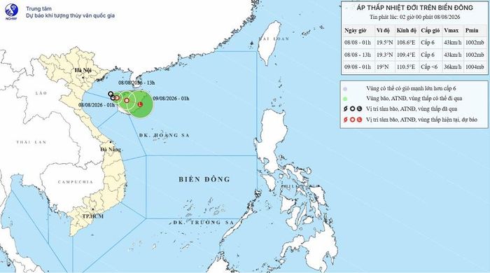 Vị trí áp thấp nhiệt đới sáng sớm 8-8. Ảnh: Trung tâm Dự báo khí tượng - thủy văn quốc gia