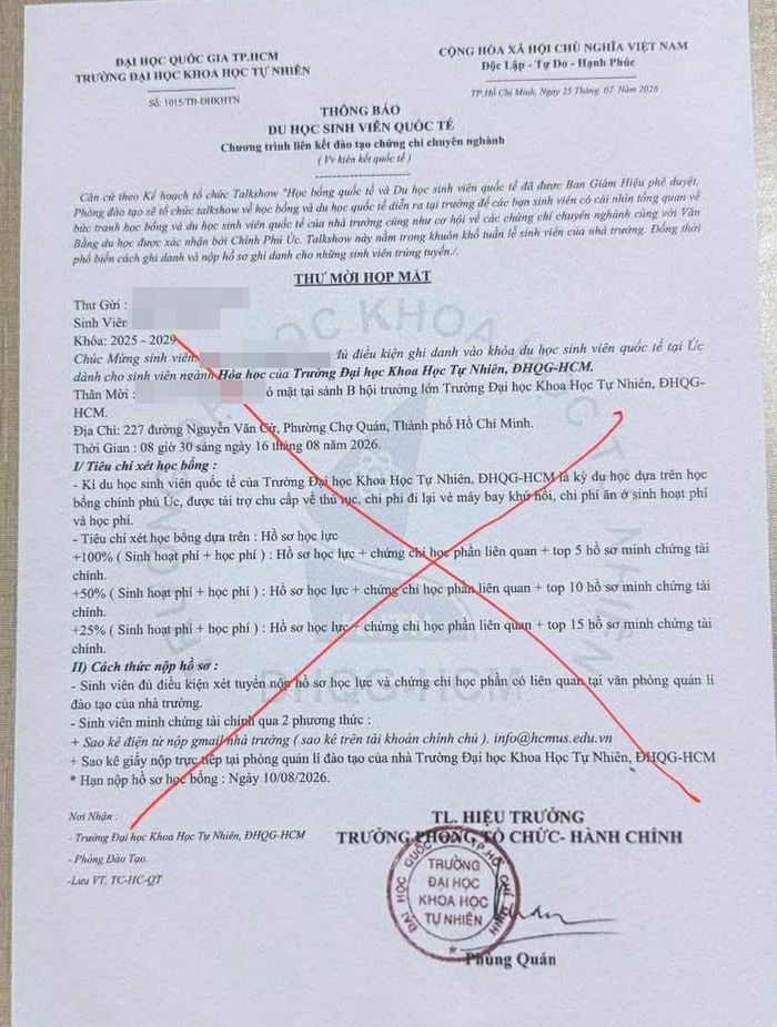 Trường ĐH Khoa học Tự nhiên (ĐHQG TPHCM) xác nhận đây là văn bản giả mạo