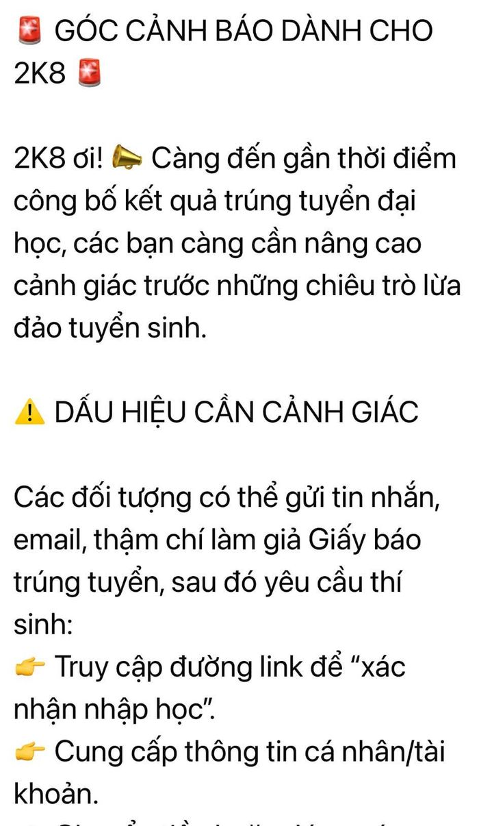  Trung tâm Tuyển sinh và truyền thông Trường ĐH Công thương TPHCM đăng thông tin cảnh báo dành cho tân sinh viên - Ảnh: THANH HÙNG 