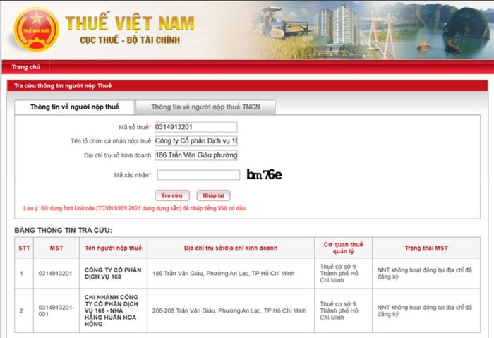 Ảnh chụp màn hình tra cứu thông tin công ty của Bùi Xuân Huấn (Huấn Hoa Hồng) cập nhật đến ngày 8/8/2026 trên Cổng thông tin của Cục Thuế.