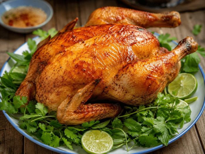 Gà nướng nguyên con vàng óng, da giòn rụm. Ảnh minh họa AI