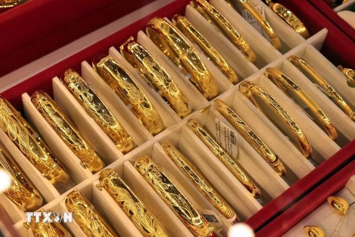 Vàng trang sức bày bán tại Công ty Bảo Tín Mạnh Hải. (Ảnh: Trần Việt/TTXVN)