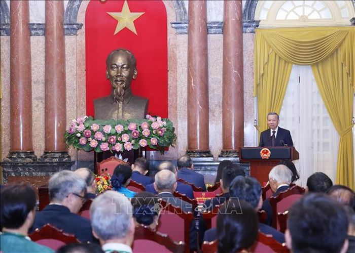 Tổng Bí thư, Chủ tịch nước Tô Lâm nói chuyện với các kiều bào tiêu biểu về dự Hội nghị người Việt Nam ở nước ngoài toàn thế giới lần thứ IV và Diễn đàn Tri thức và chuyên gia Việt Nam ở nước ngoài. Ảnh tư liệu: Lâm Khánh/TTXVN