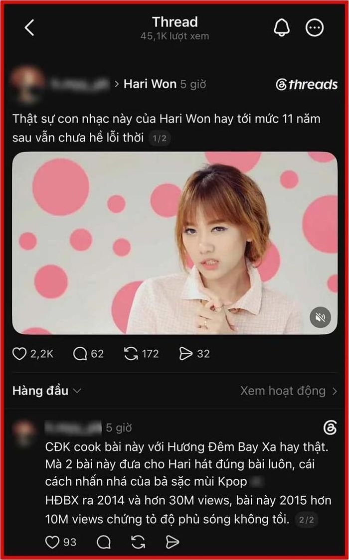 Ca khúc Love You Hate You của Hari Won bất ngờ được cư dân Threads chia sẻ lại và bàn luận sôi nổi. Ảnh: CMH.