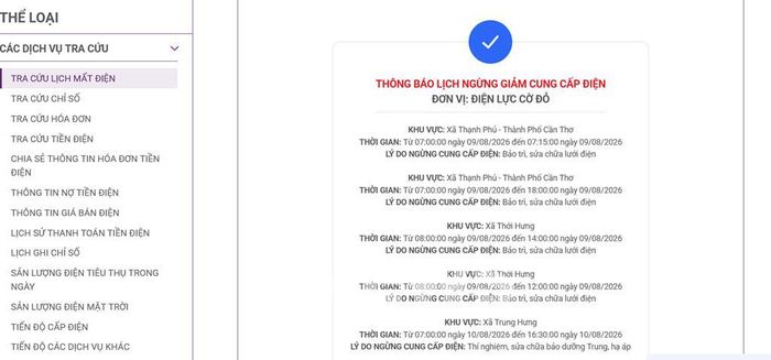 Lịch ngừng cấp điện tại Cần Thơ ngày mai 9/8 được cập nhật 11h00 ngày 8/8 tại website của EVNSPC. Ảnh: BNEWS phát