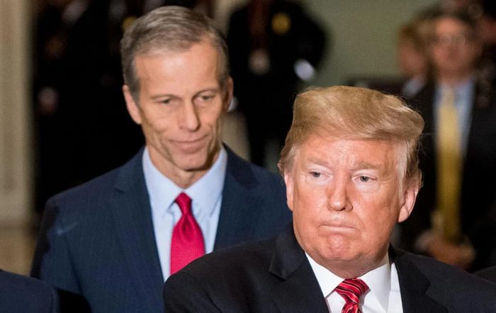 Tổng thống Donald Trump, cùng với Thượng nghị sĩ John Thune, dừng lại để nói chuyện với các phóng viên sau bữa trưa với các thượng nghị sĩ đảng Cộng hòa tại Điện Capitol vào thứ Tư, ngày 9 tháng 1 năm 2018. Ảnh: Getty Images.