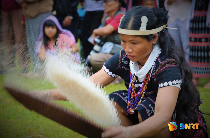 Phụ nữ Cơ Tu sàng gạo trong cuộc thi giã gạo truyền thống. Ảnh: ALĂNG NGƯỚC