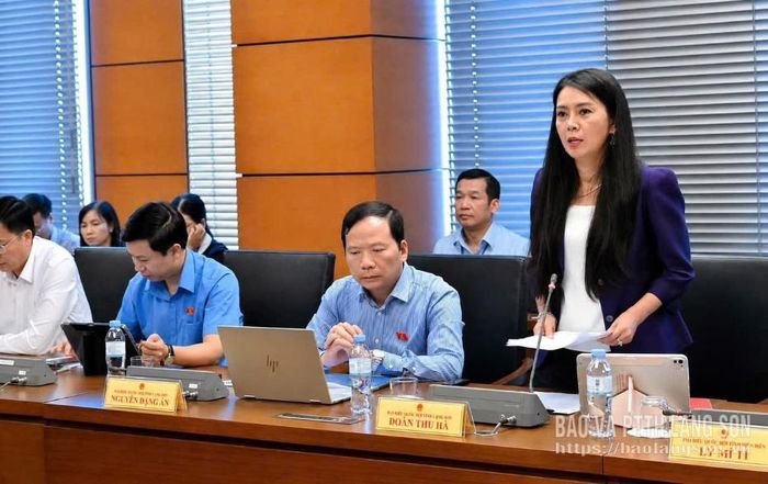 Đại biểu Đoàn Thu Hà, Phó Bí thư Tỉnh ủy, Trưởng Đoàn ĐBQH tỉnh phát biểu thảo luận ở tổ
