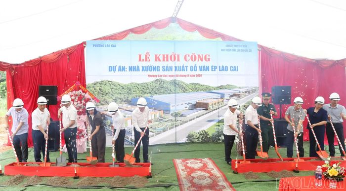 Các đại biểu thực hiện nghi thức khởi công Dự án Nhà xưởng sản xuất gỗ ván ép Lào Cai. 