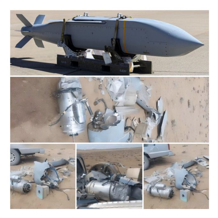 Tên lửa AGM-158 JASSM (trên) và những mảnh vỡ sau khi bị phòng không Iran đánh chặn (dưới). Ảnh: IRGC