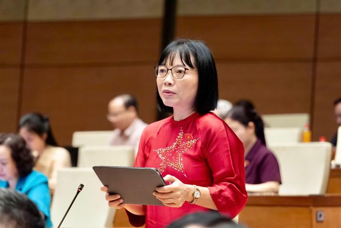 Đại biểu Nguyễn Thị Việt Nga (Đoàn ĐBQH tỉnh Hải Phòng) phát biểu tại phiên họp.
