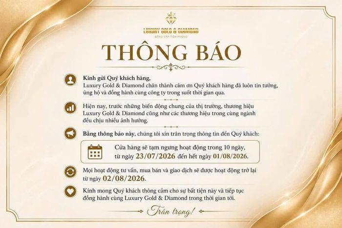 Thông báo tạm ngưng hoạt động được đăng tải trên nguồn fanpage của Luxury Gold & Diamond.