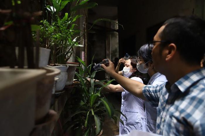 Trước nguy cơ sốt xuất huyết lây lan từ khu vực giáp ranh, phường Ba Đình lập 3 đoàn giám sát, kiểm tra bọ gậy và hướng dẫn người dân phòng bệnh. (Ảnh Thành Long)