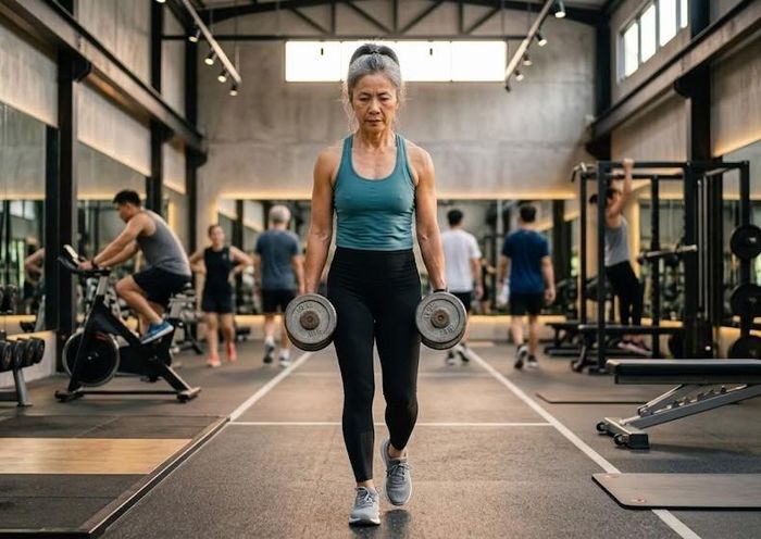 Mang tạ đi bộ giúp tăng sức mạnh cơ lõi, cơ vai, cải thiện tư thế và tạo lực nén sinh lý lên cột sống, góp phần kích thích quá trình tái tạo xương. Ảnh: AI.