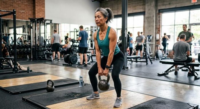 Bài tập nâng tạ ấm giúp tăng sức mạnh cơ lưng, cơ mông và nhóm cơ đùi sau, đồng thời tạo lực chịu tải lên cột sống và vùng hông, góp phần duy trì mật độ xương. Ảnh: AI.