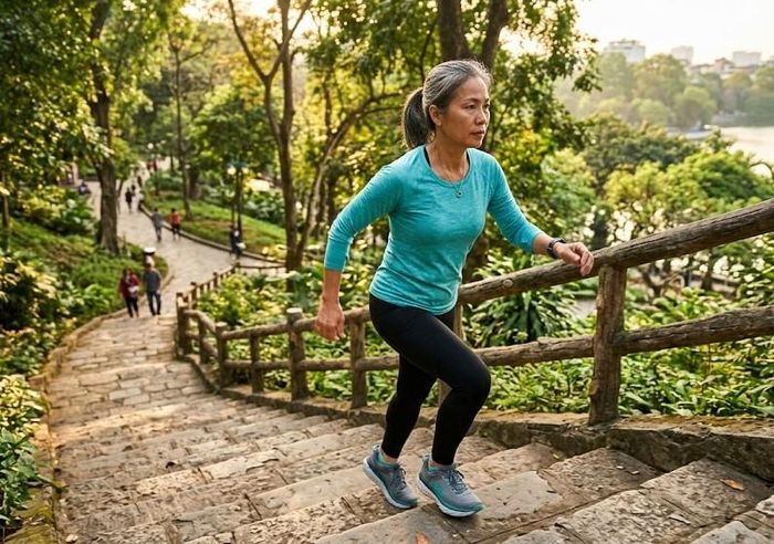 Leo cầu thang là bài tập chịu trọng lượng đơn giản nhưng hiệu quả, giúp tăng sức mạnh cơ chân, cải thiện khả năng vận động và hỗ trợ duy trì mật độ xương. Ảnh: AI