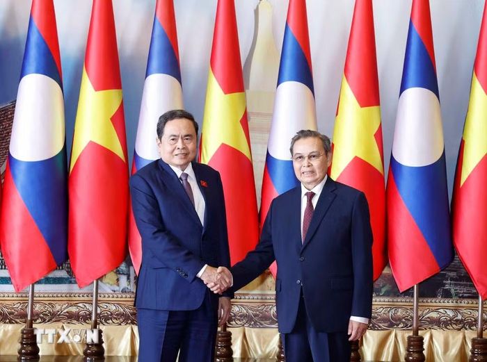 Chiều 5/2/2026, Chủ tịch Quốc hội Trần Thanh Mẫn gặp Chủ tịch Quốc hội Lào Xaysomphone Phomvihane. (Ảnh: Thống Nhất/TTXVN)