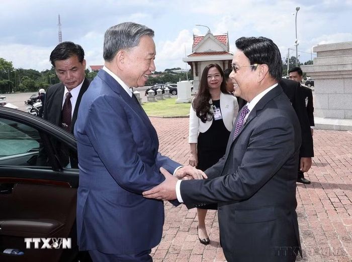 Chủ tịch nước Tô Lâm hội kiến Chủ tịch Quốc hội Lào Xaysomphone Phomvihane (Vientiane, 11/7/2024). (Ảnh: Nhan Sáng/TTXVN)