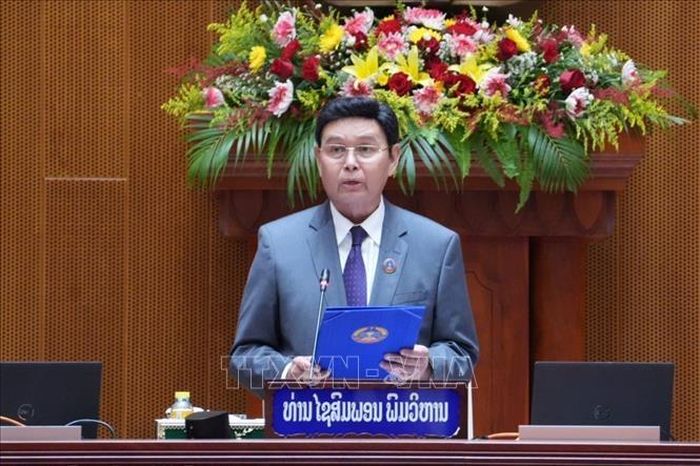 Chủ tịch Quốc hội Lào Xaysomphone Phomvihane phát biểu khai mạc Kỳ họp thứ 9, Quốc hội khóa IX của Lào. Ảnh: Đỗ Bá Thành/TTXVN