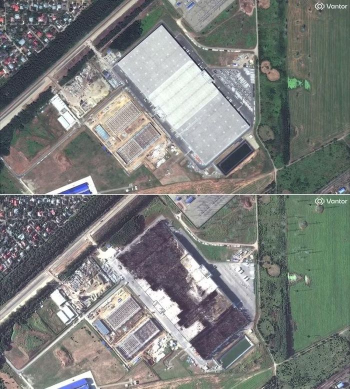 Ảnh vệ tinh của Vantor chụp một kho hàng của Wildberries trước (trên) và sau khi bị UAV Ukraine tấn công. Ảnh: Orientaldaily.