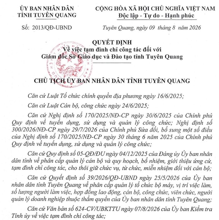 Quyết định tạm đình chỉ công tác đối với ông Vũ Đình Hưng.