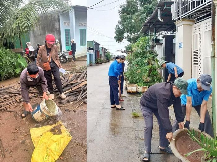 Cán bộ, đoàn viên và người dân phường Thống Nhất ra quân vệ sinh môi trường, thu gom vật dụng phế thải, xử lý các dụng cụ chứa nước nhằm diệt lăng quăng, bọ gậy. Ảnh: ĐVCC