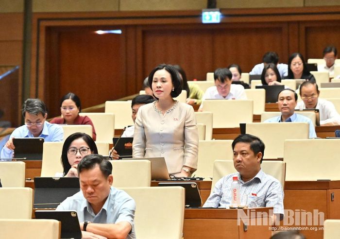 Đại biểu Trần Thị Hồng Thanh, Tỉnh ủy viên, Phó Trưởng Đoàn ĐBQH chuyên trách tỉnh Ninh Bình phát biểu, góp ý vào dự án Luật Phổ biến, giáo dục pháp luật (sửa đổi).