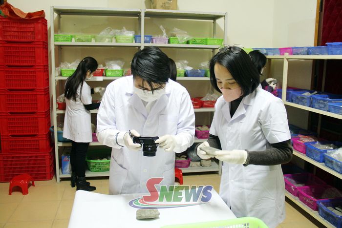 Cán bộ Phòng Bảo tồn - Bảo tàng, Trung tâm Văn hóa, Thể thao tỉnh chụp ảnh xây dựng dữ liệu hiện vật khảo cổ.