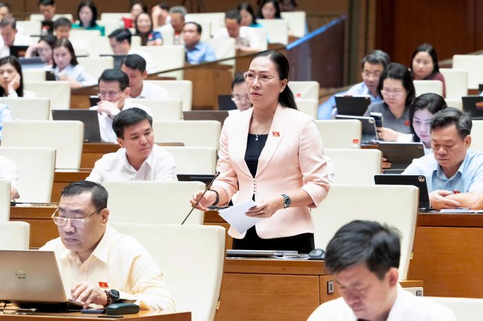 Đại biểu Nguyễn Thái Học (đoàn Đắk Lắk) và đại biểu Nguyễn Thị Yến Nhi (đoàn Vĩnh Long). Ảnh: Media Quốc hội.