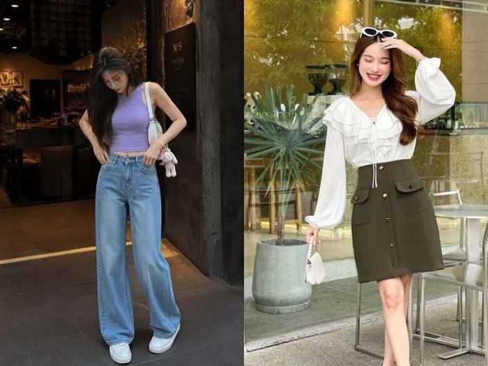 Quần jeans lưng cao và chân váy chữ A là 2 iteams giúp vóc dáng chị em thanh thoát hơn.