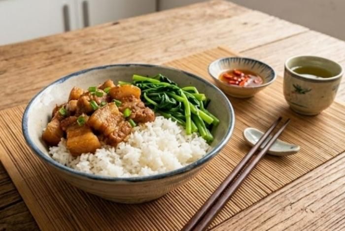 Một bát cơm nóng cùng rau, thịt hoặc trứng buổi sáng có thể giúp cơ thể đủ năng lượng, no lâu. (Ảnh minh hoạ)