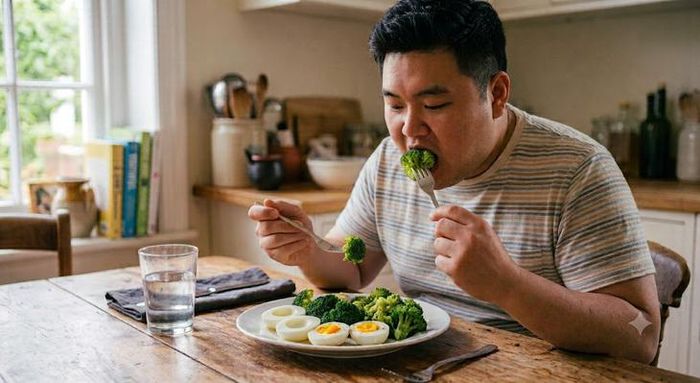 Ăn trứng luộc kèm rau xanh vào bữa sáng giúp giảm cân hiệu quả và an toàn cho mỡ máu. Ảnh minh họa AI