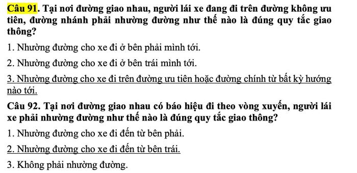  Câu hỏi về thứ tự ưu tiên, nhường đường trong bộ 600 câu hỏi thi sát hạch lý thuyết. Ảnh: Bộ Công An/ Sở CSGT. 