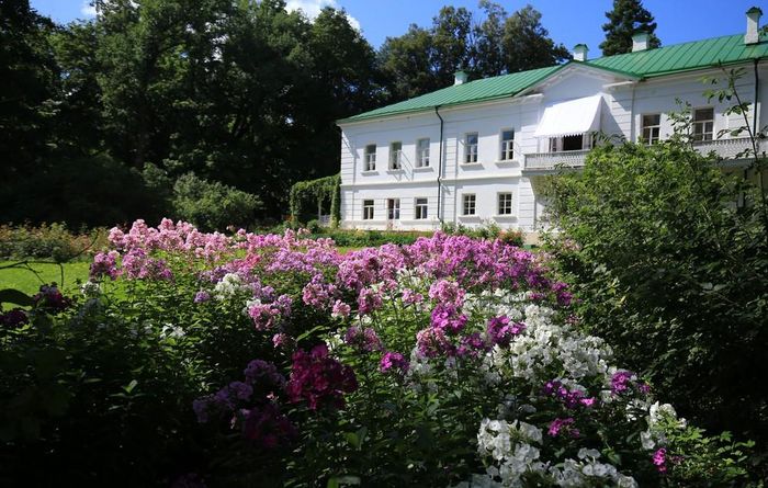 Vườn hoa nhiều màu sắc sau nhà Lev Tolstoi