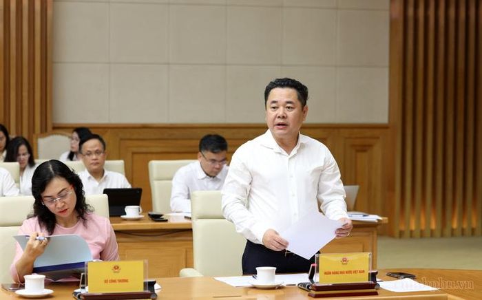 Phó Thống đốc Ngân hàng Nhà nước (NHNN) Nguyễn Ngọc Cảnh trình bày báo cáo tại cuộc làm việc - Ảnh: chinhphu.vn/Đức Tuân